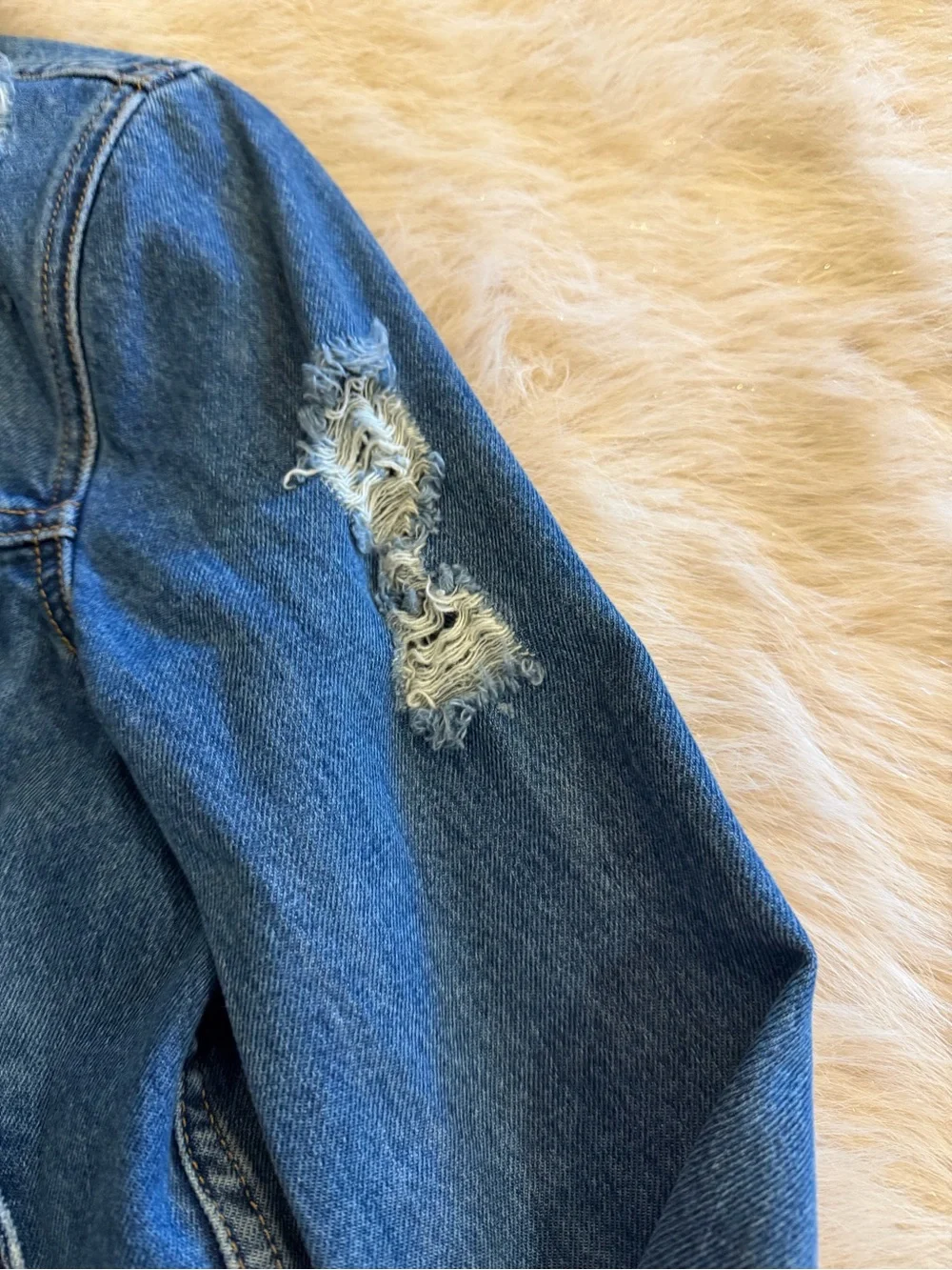 Veronica Beard Distressed Blue Cropped Denim Jacket with Gold Buttons & Chain
